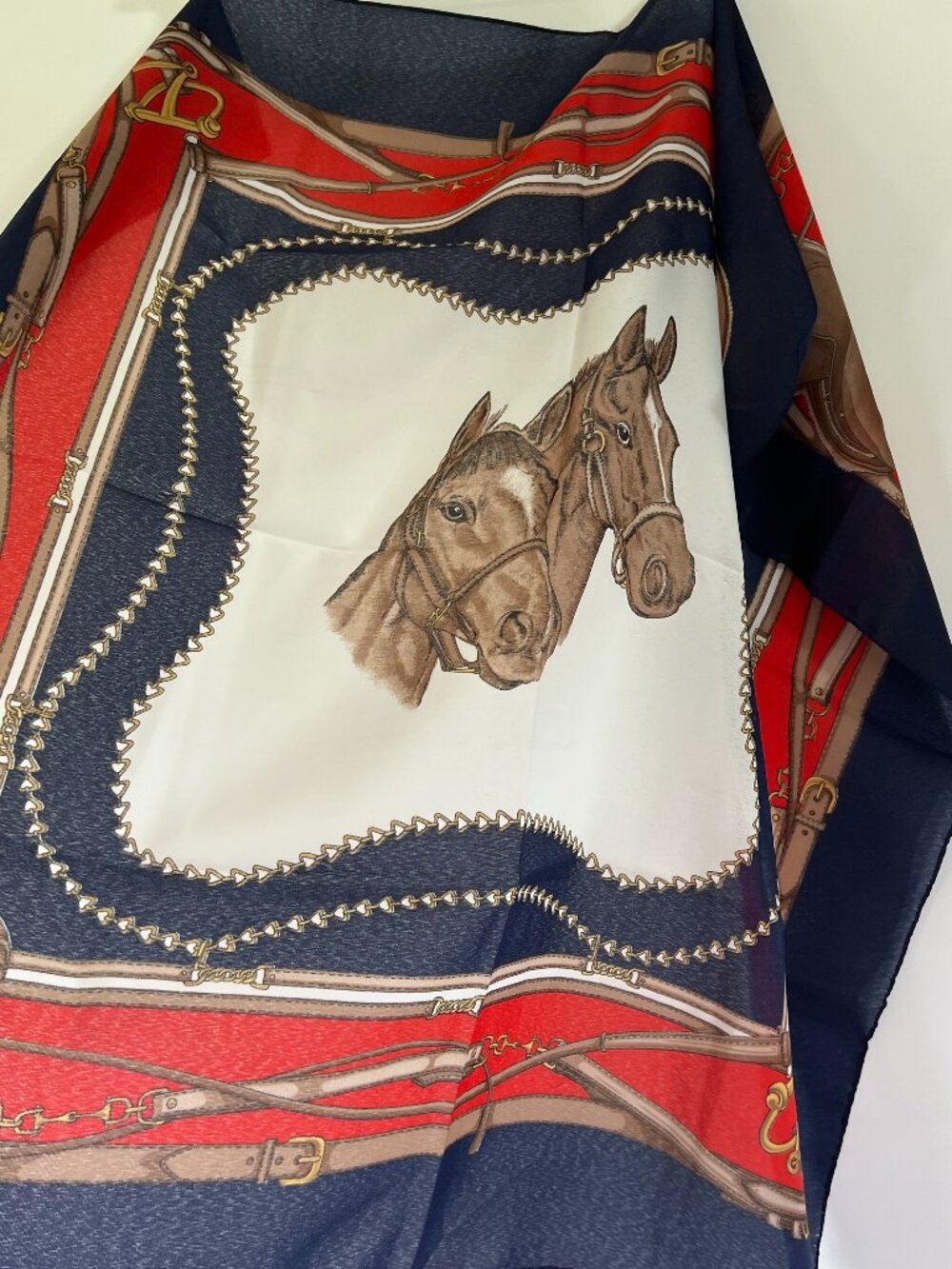 Vintage Italian Equestrian Horse Scarf Navy Red Saddle Bridle Print